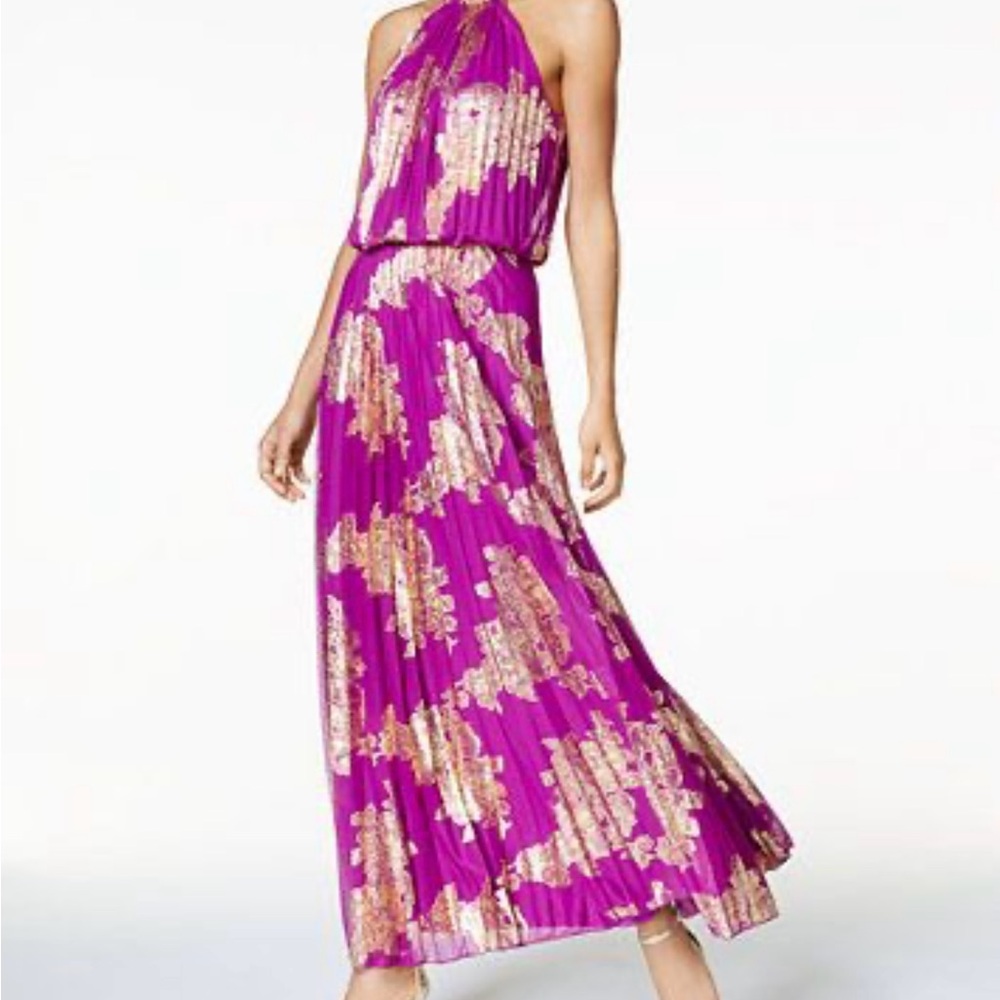 MSK Fuschia and Gold Halter Chain Strap Dress, sz. 16